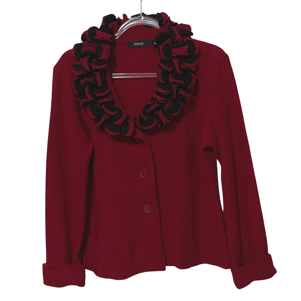 Y2K Verve 100% Wool Sweater PL Red Black Mob Wife Big Buttons‎ Ruffle Collar